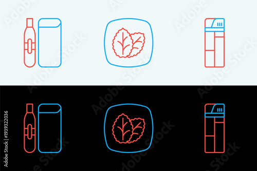 Set line Lighter, Electronic cigarette and Tobacco leaf icon. Vector