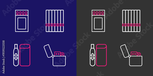 Set line Lighter, Electronic cigarette, Cigarette and Matchbox and matches icon. Vector