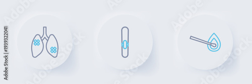 Set line Burning match with fire, Cigar and Disease lungs icon. Vector