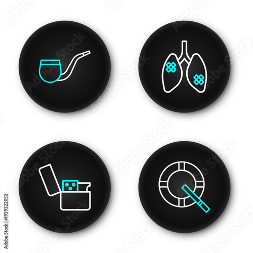 Set line Ashtray with cigarette, Lighter, Disease lungs and No pipe smoking icon. Vector
