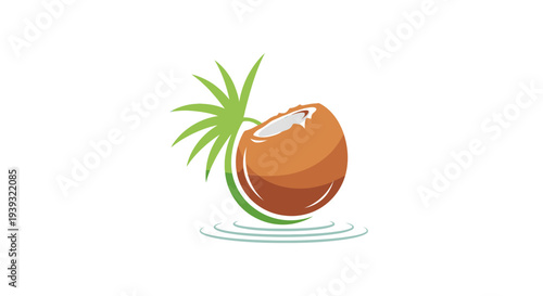 Coconut fruit with green leaves floating on water surface.