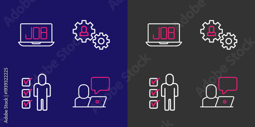 Set line Freelancer, Resume, Human with gear and Search job icon. Vector