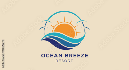 Ocean Breeze Resort logo with stylized sun and waves.