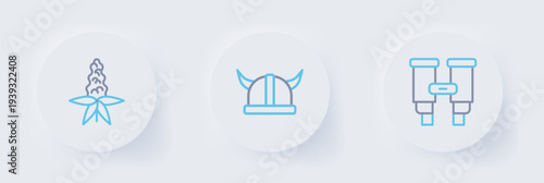Set line Binoculars, Viking horned helmet and Lupine flower icon. Vector