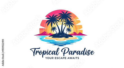Tropical Paradise Logo with Palm Trees and Sunset.