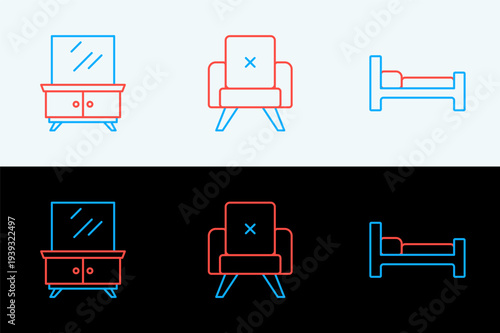 Set line Bed, Dressing table and Armchair icon. Vector