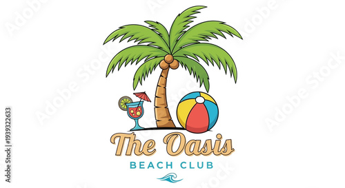 Colorful beach club logo with palm tree and beach ball.