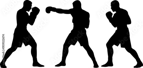 Set of 3 Black Silhouette Boxer Vector Illustrations in Various Poses for Sports, Fitness, and Martial Arts Designs