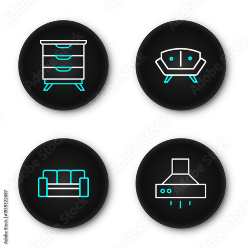 Set line Kitchen extractor fan, Sofa, and Furniture nightstand icon. Vector
