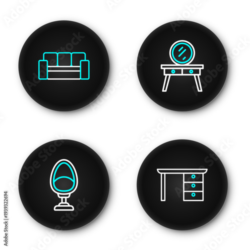 Set line Office desk, Armchair, Dressing table and Sofa icon. Vector