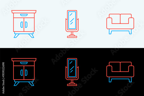 Set line Sofa, Furniture nightstand and Big full length mirror icon. Vector