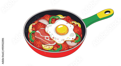 Fried egg with vegetables and bacon sausage in red frying pan  