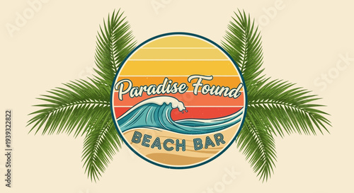 Tropical beach bar logo with palm trees and wave design.
