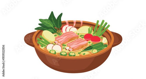 Hot pot with vegetables and meat in brown ceramic bowl  