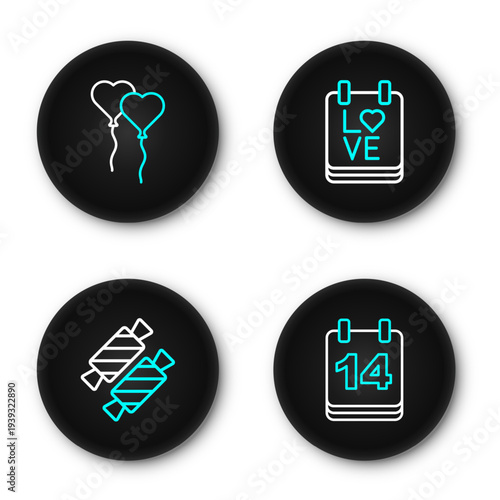 Set line Calendar with February 14, Candy, and Balloons in form of heart icon. Vector
