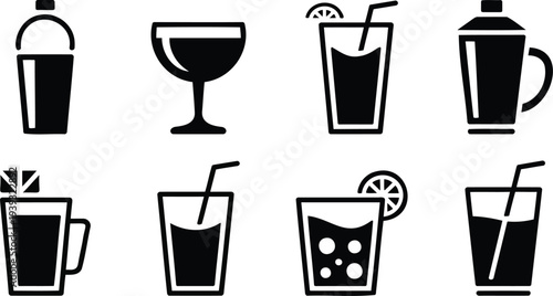 Set of 8 Black and White Vector Drink Icons Featuring Cocktails, Shakers, and Various Glassware for Bar Menus and Beverage Designs
