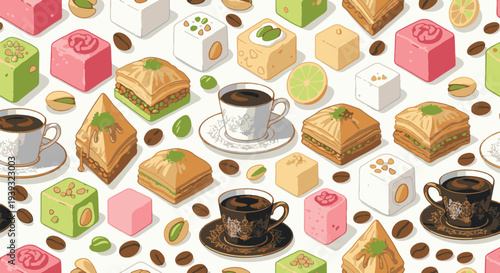 Colorful pattern  assortment of turkish delights locum baklava coffee beans and pistachios  with coffee cups on a patterned background  