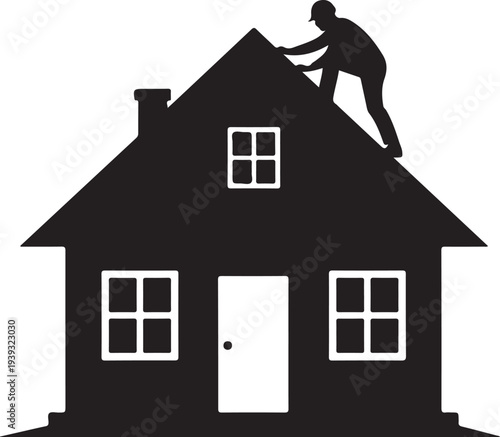 Silhouette of a person on a house roof, vector house icon