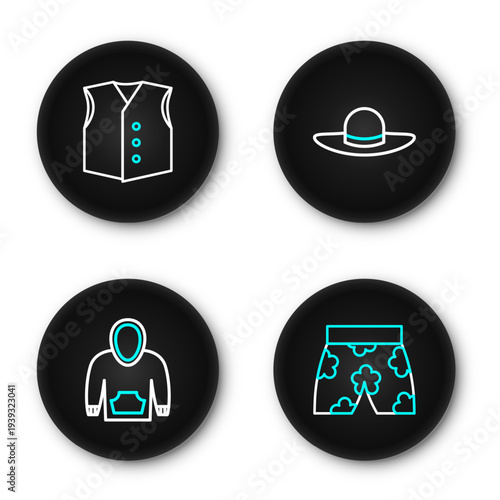 Set line Swimming trunks, Hoodie, Elegant women hat and Waistcoat icon. Vector