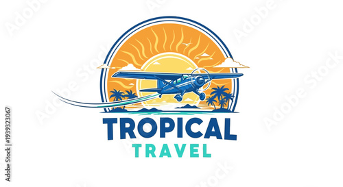 Tropical Travel Logo with Airplane and Palm Trees.