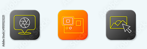 Set line Camera shutter, Action extreme camera and Photo retouching icon. Vector