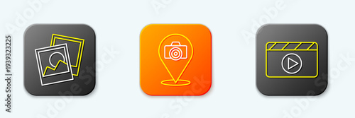 Set line Photo frame, camera and Movie clapper icon. Vector