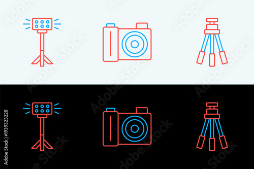 Set line Tripod, Studio light bulb in softbox and Photo camera icon. Vector