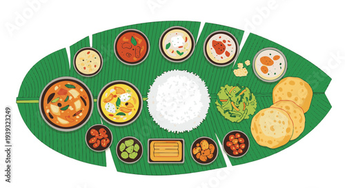 . Indonesian Rendang ingredients  meal served on banana leaf with various dishes  , local flavor 