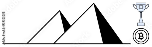 Cryptocurrency concept. Bitcoin symbol highlights cryptocurrency, paired with trophy and pyramid shapes achievement and stability. Cryptocurrency for finance, trading, investment, innovation