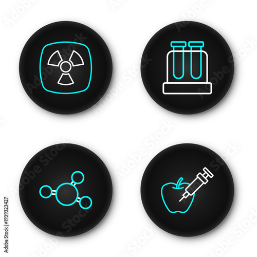 Set line Genetically modified apple, Molecule, Test tube and Radioactive icon. Vector