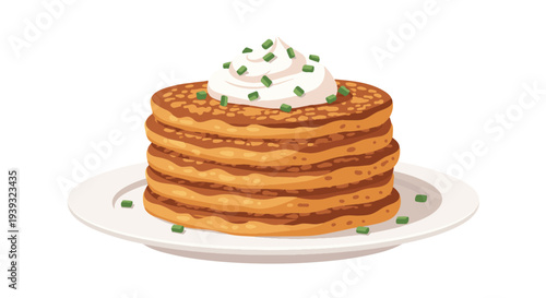 . Irish Boxty potato pancakes, Stack of pancakes with whipped cream and chives on a plate , local flavor  