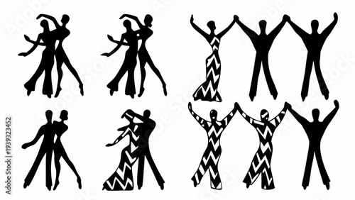 Silhouettes of couples and friends dancing together in joyful poses