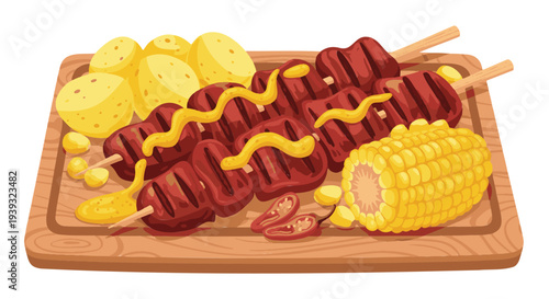 peruvian anticuchos, Grilled meat skewers with potatoes and corn on wooden platter , local flavor