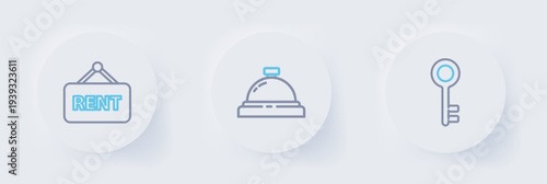 Set line House key, Hotel service bell and Hanging sign with Rent icon. Vector