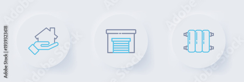 Set line Heating radiator, Garage and Realtor icon. Vector