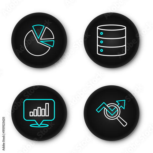 Set line Search data analysis, Pie chart infographic, Server and icon. Vector