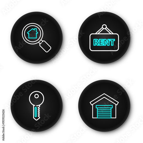 Set line Garage, House key, Hanging sign with Rent and Search house icon. Vector