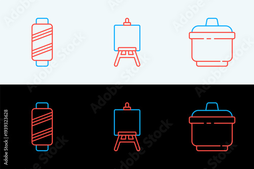 Set line Cooking pot, Sewing thread on spool and Easel or painting art boards icon. Vector