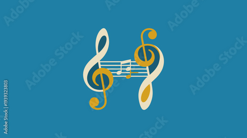 This vibrant design showcases musical symbols, including treble and bass clefs intertwined with staff lines, exuding movement and energy in a lively blue background.