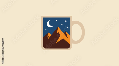 The mug design showcases a mesmerizing mountain scene with a night sky, capturing the essence of adventure and exploration, making it perfect for outdoor enthusiasts.
