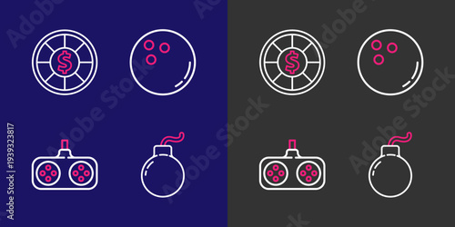 Set line Bomb ready to explode, Gamepad, Bowling ball and Casino chips icon. Vector