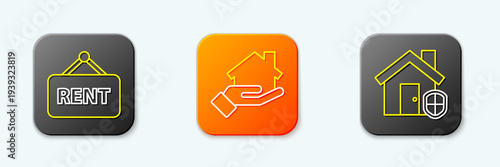 Set line Hanging sign with Rent, Realtor and House under protection icon. Vector
