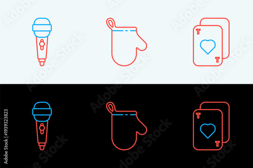 Set line Playing cards, Microphone and Oven glove icon. Vector