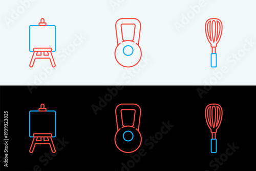 Set line Kitchen whisk, Easel or painting art boards and Kettlebell icon. Vector