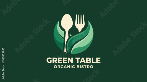 A creative logo design featuring a green table with spoon and fork elements, symbolizing organic dining, sustainability, and a fresh approach to food in modern gastronomy.