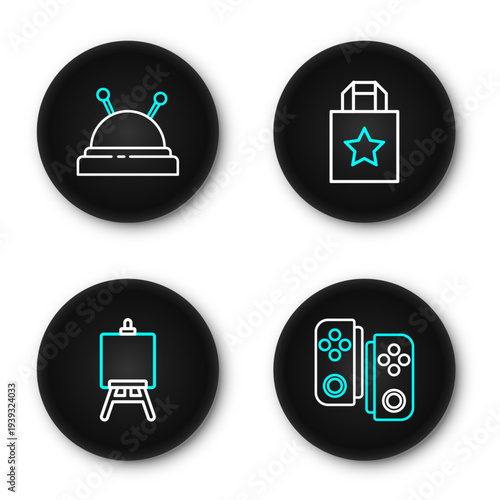 Set line Gamepad, Easel or painting art boards, Paper shopping bag and Needle bed and needles icon. Vector