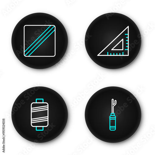 Set line Awl tool, Sewing thread, Triangular ruler and Pattern icon. Vector