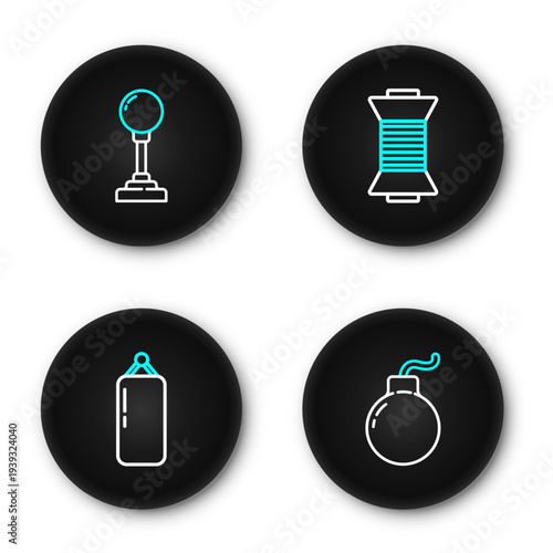 Set line Bomb ready to explode, Punching bag, Sewing thread on spool and Joystick for arcade machine icon. Vector