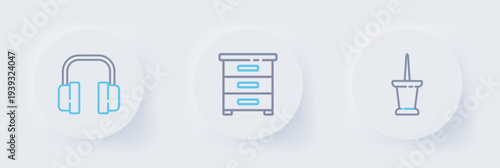 Set line Push pin, Drawer with documents and Headphones icon. Vector