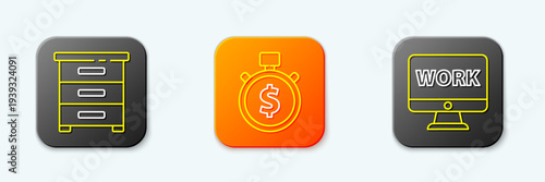 Set line Drawer with documents, Time is money and Monitor text work icon. Vector
